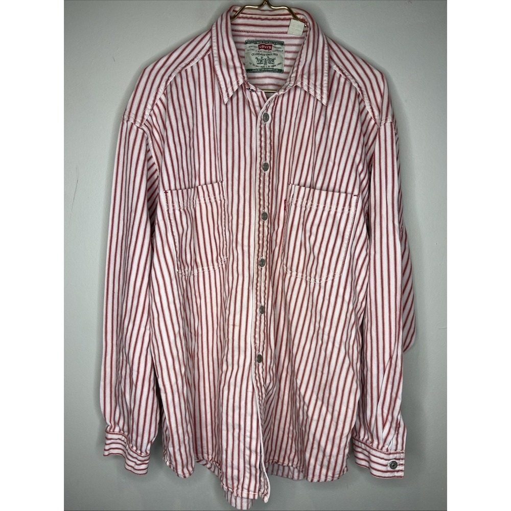 Vintage Levis Metal Button Red White Stripe Denim Oxford Cotton Shirt XL